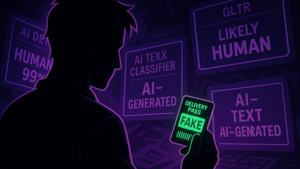 Ilustracja przedstawiająca oszustwo w branży dostaw z elementami cyfrowymi i neonowymi akcentami.