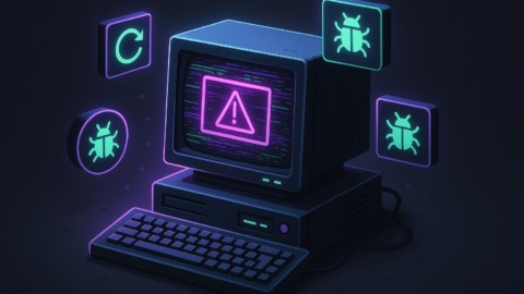 Ilustracja przedstawiająca komputer z błędnym komunikatem na ekranie.