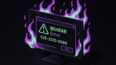 Ilustracja przedstawiająca ekran komputera z błędem związanym z WinRAR w otoczeniu cyfrowych płomieni.