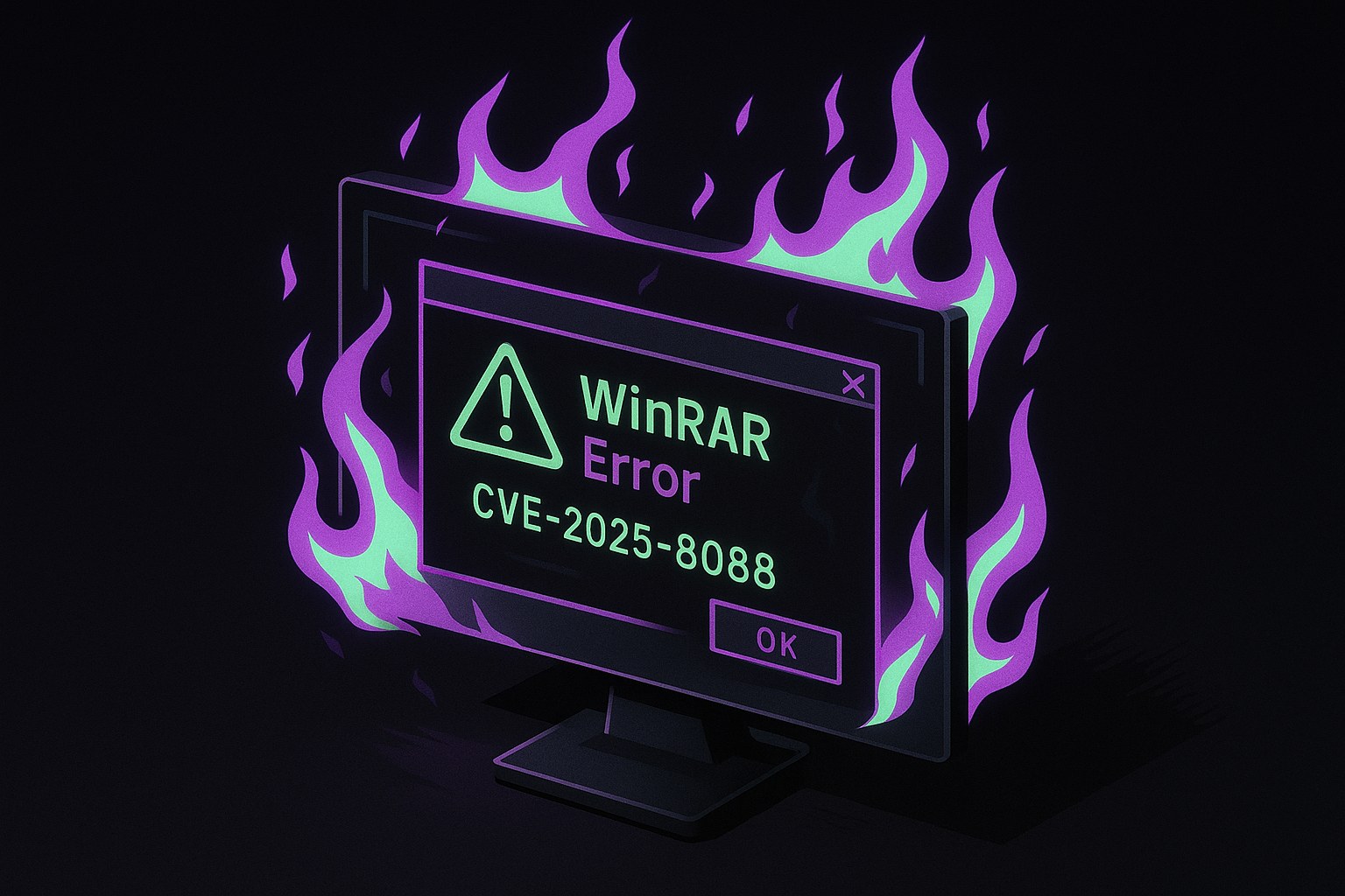 Ilustracja przedstawiająca ekran komputera z błędem związanym z WinRAR w otoczeniu cyfrowych płomieni.