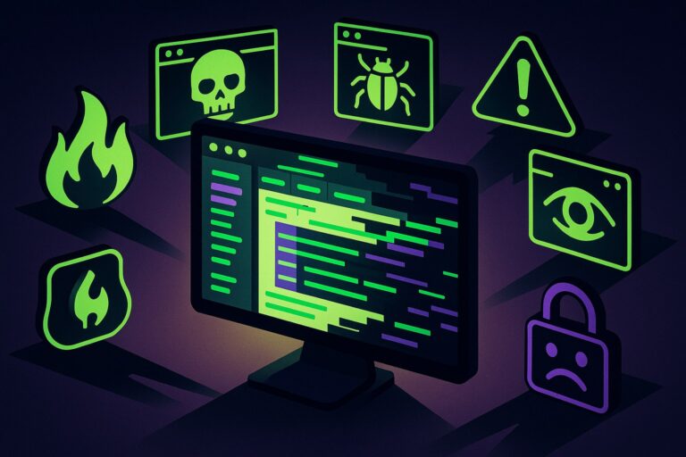 Ilustracja przedstawiająca złośliwe rozszerzenia w cyfrowym środowisku pracy.