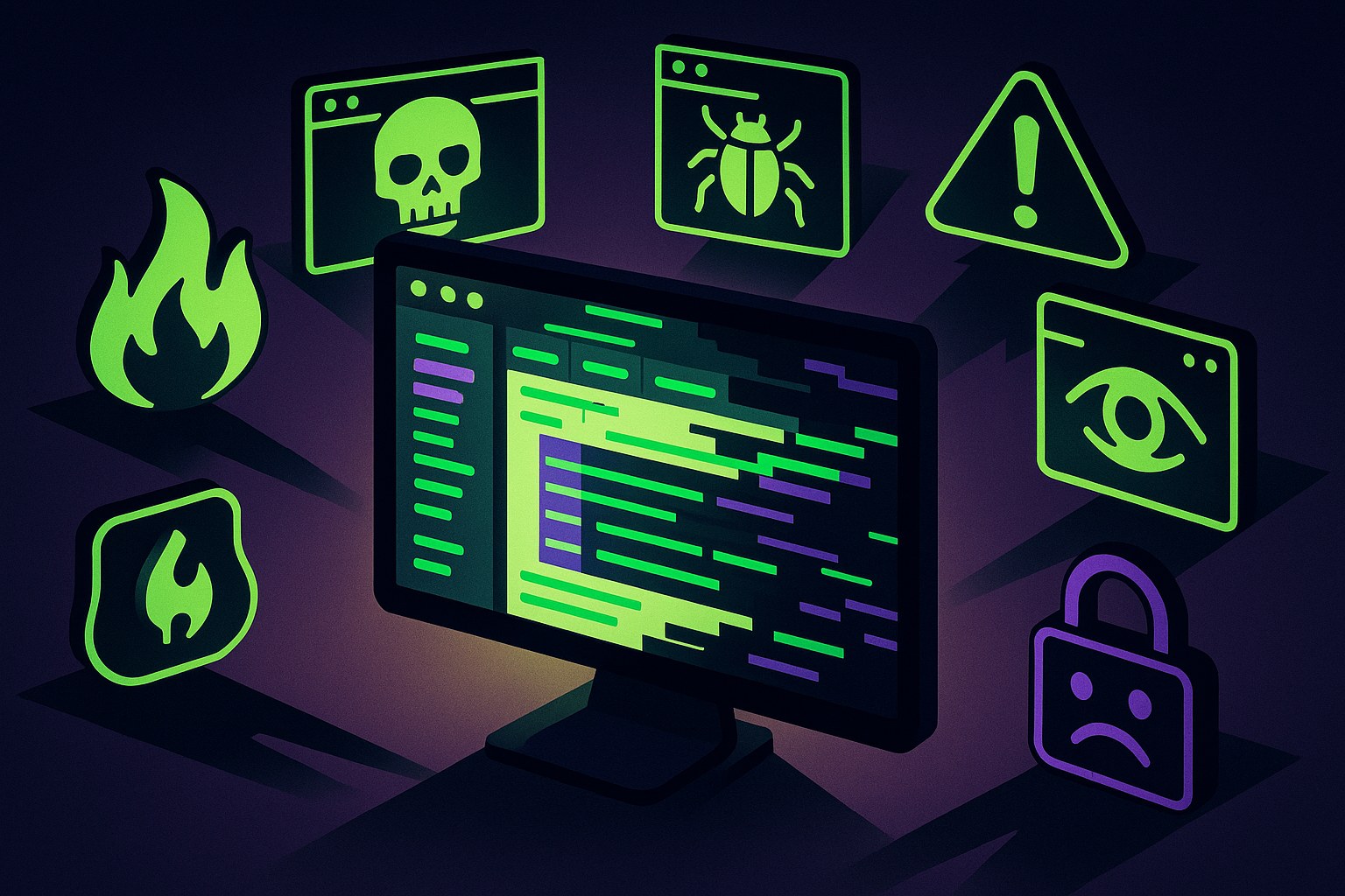 Ilustracja przedstawiająca złośliwe rozszerzenia w cyfrowym środowisku pracy.