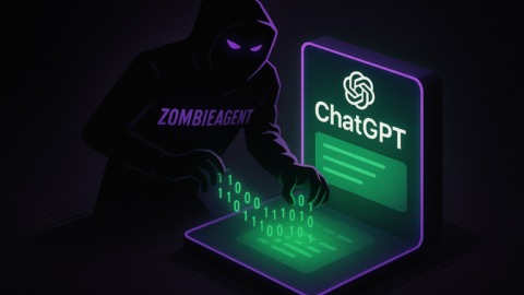 Ilustracja przedstawiająca postać wykradającą dane z interfejsu ChatGPT w mrocznym otoczeniu.