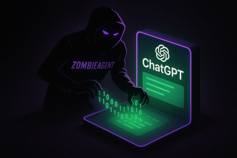 Ilustracja przedstawiająca postać wykradającą dane z interfejsu ChatGPT w mrocznym otoczeniu.