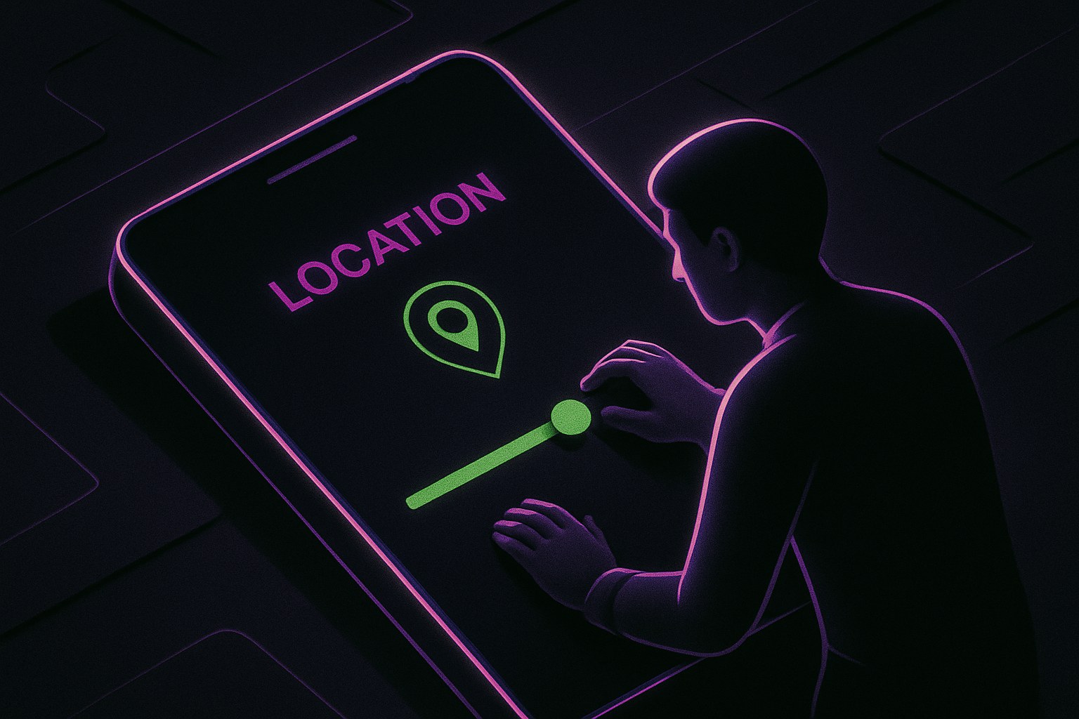 Ilustracja przedstawiająca suwak lokalizacji na ekranie smartfona w ciemnym tle.