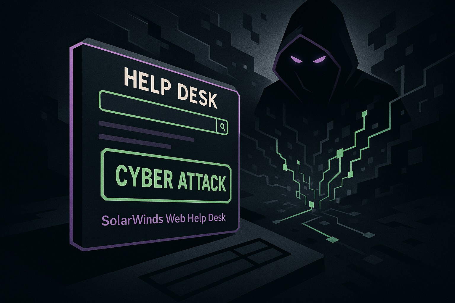 Ilustracja przedstawiająca cyberatak na interfejs pomocy technicznej w ciemnej estetyce.