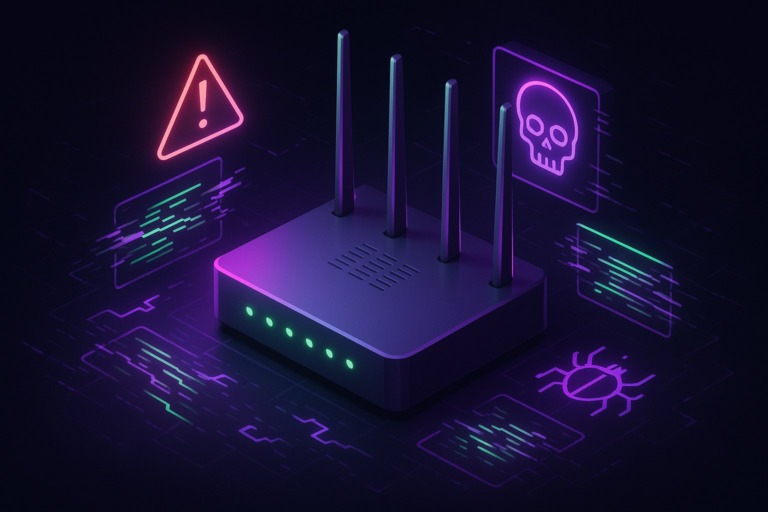 Ilustracja przedstawiająca router otoczony cyfrowymi zagrożeniami w stylu 2.5D.