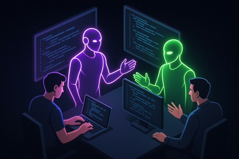 Ilustracja przedstawiająca współpracujących agentów AI w futurystycznym biurze.