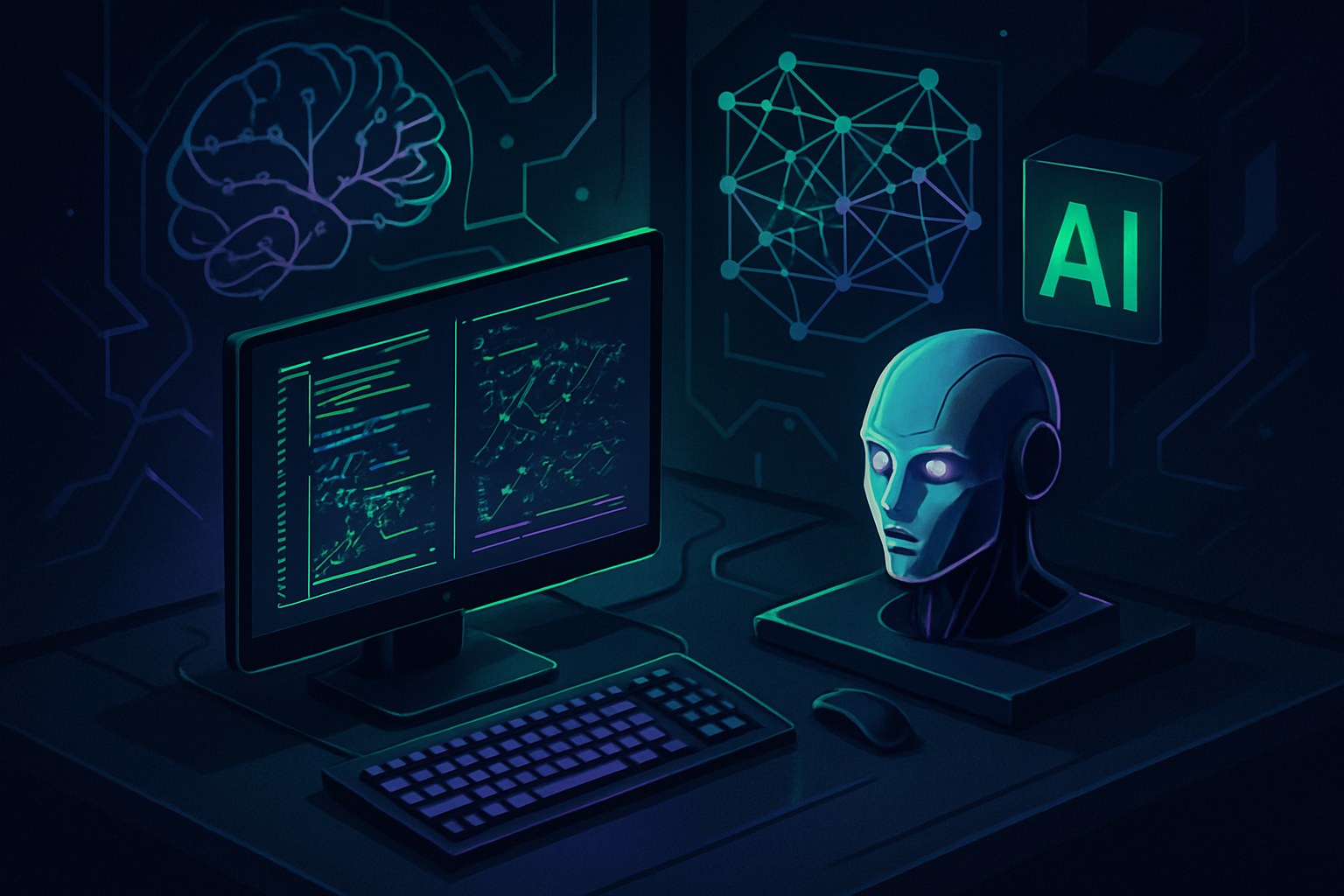 Ilustracja przedstawiająca futurystyczne laboratorium badawcze AI w stylu 2.5D.