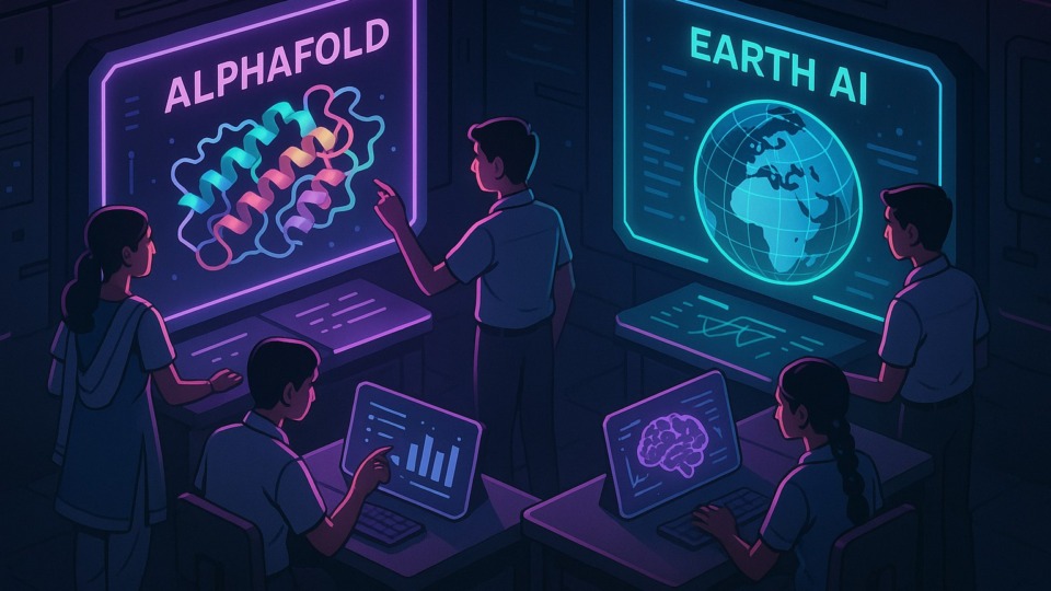 Futurystyczna scena edukacyjna w Indiach z technologią AI w ciemnej, neonowej estetyce.