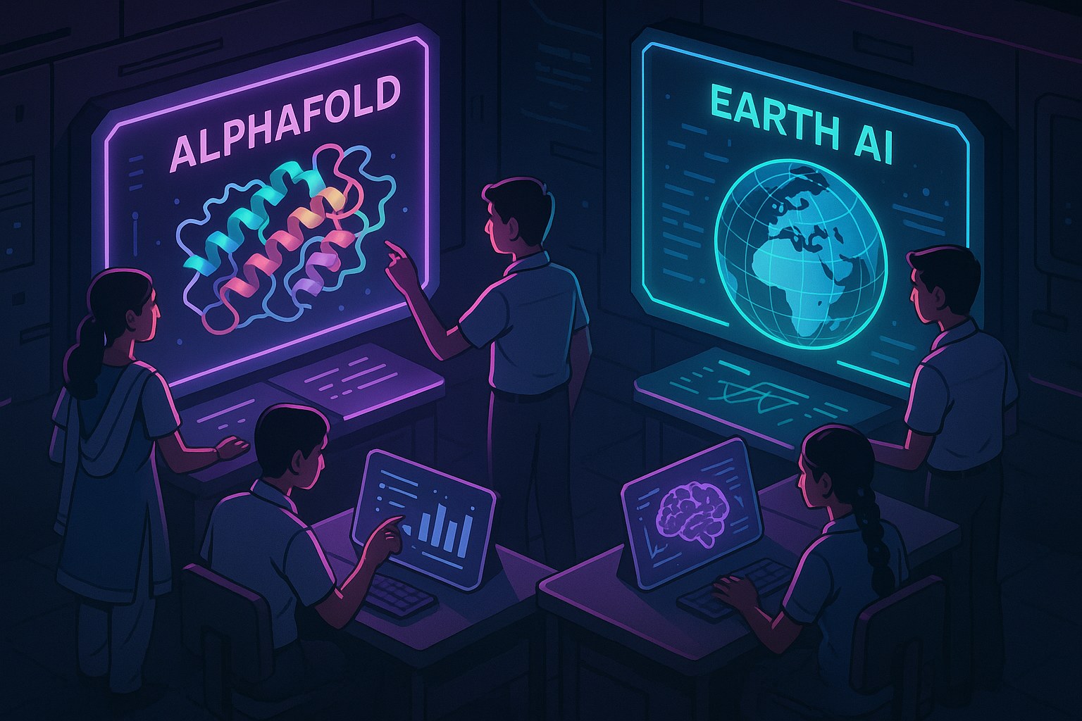 Futurystyczna scena edukacyjna w Indiach z technologią AI w ciemnej, neonowej estetyce.