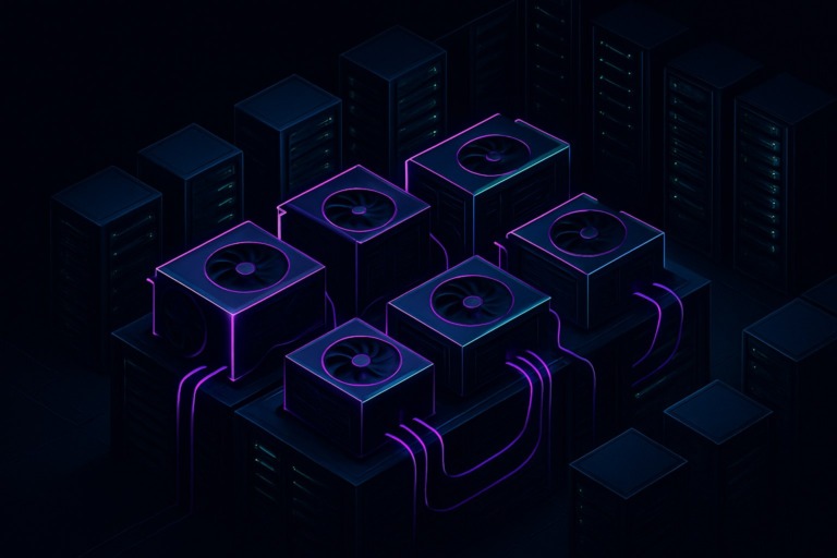 Ilustracja przedstawiająca nowoczesne centrum danych z potężnymi GPU w futurystycznym stylu.