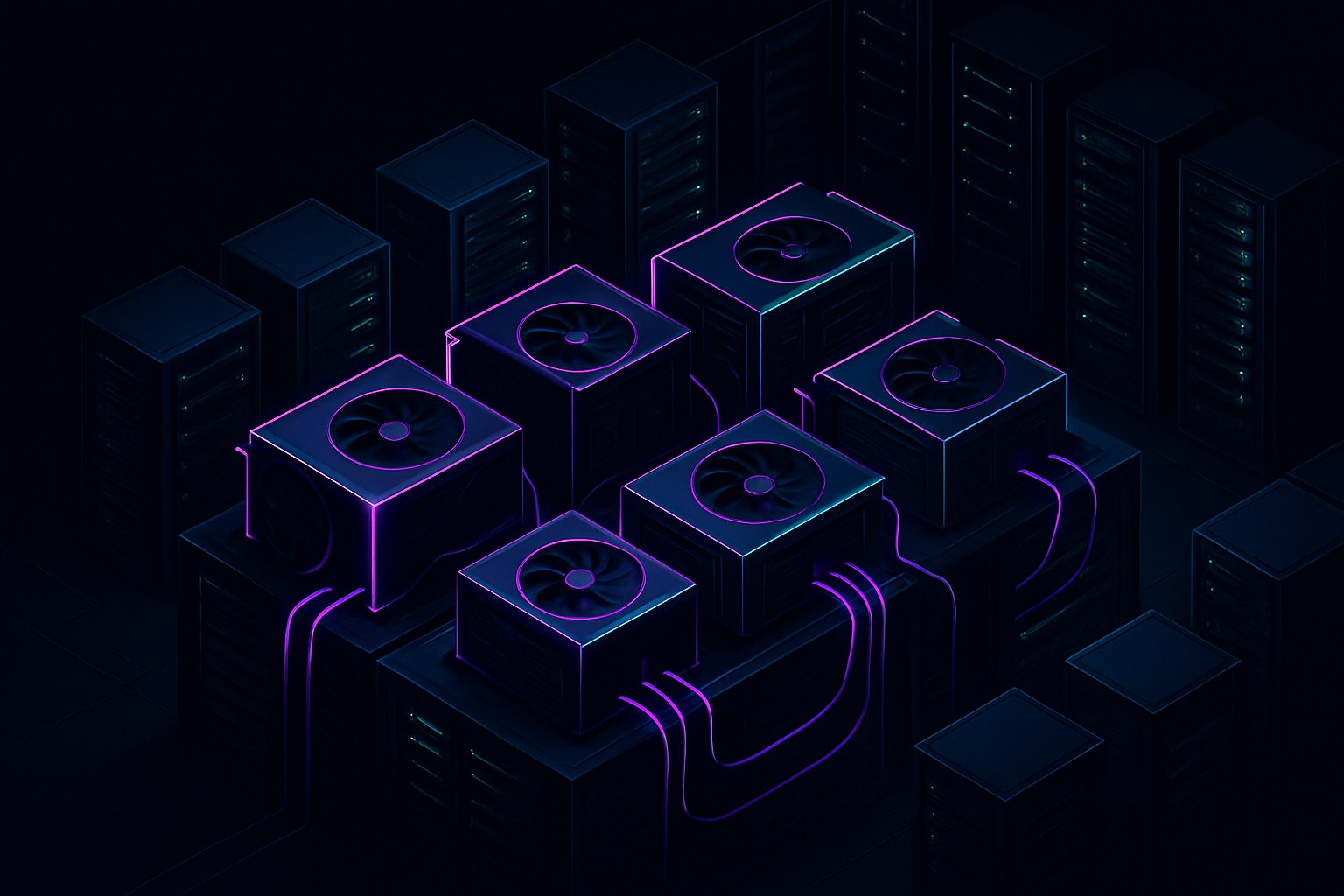 Ilustracja przedstawiająca nowoczesne centrum danych z potężnymi GPU w futurystycznym stylu.