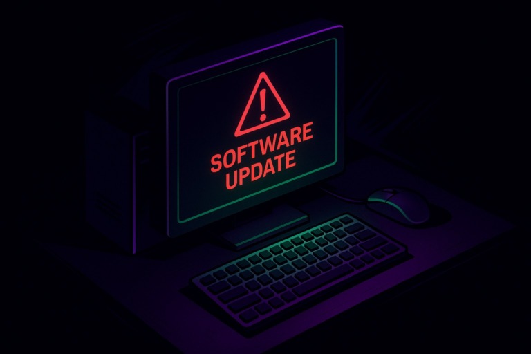 Ekran komputera z ostrzeżeniem o niebezpiecznej aktualizacji.