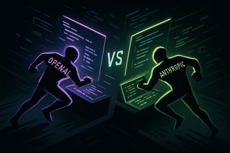 Ilustracja przedstawiająca rywalizację agentów kodujących w IT w stylu 2.5D.