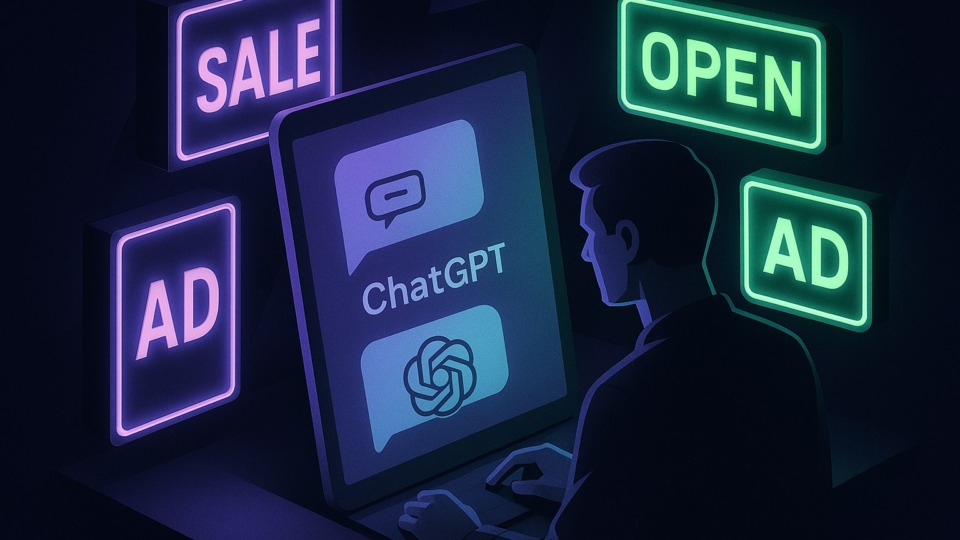 Ilustracja przedstawiająca interakcję z AI w futurystycznym otoczeniu reklamowym.
