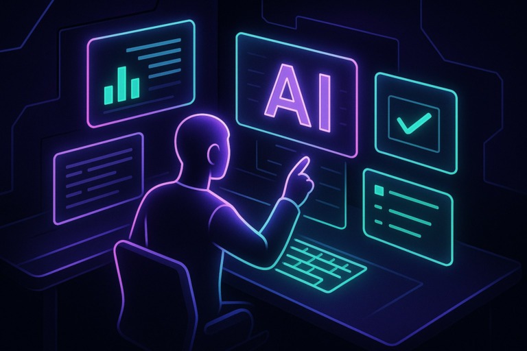 Futurystyczne biuro z interfejsem AI w neonowych kolorach na ciemnym tle.