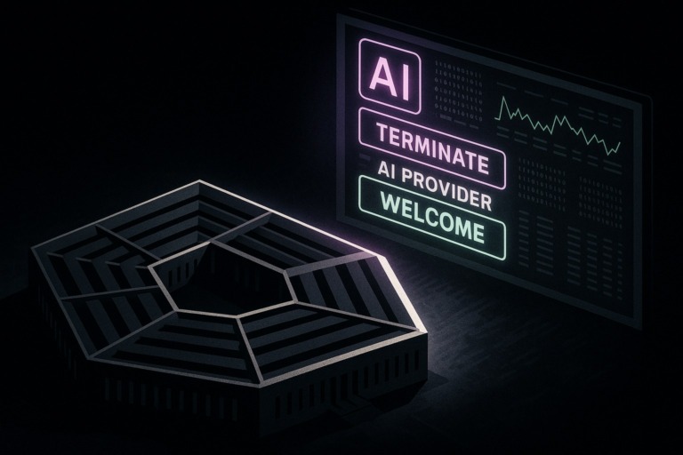 Ilustracja przedstawiająca Pentagon w futurystycznym otoczeniu z elementami AI.