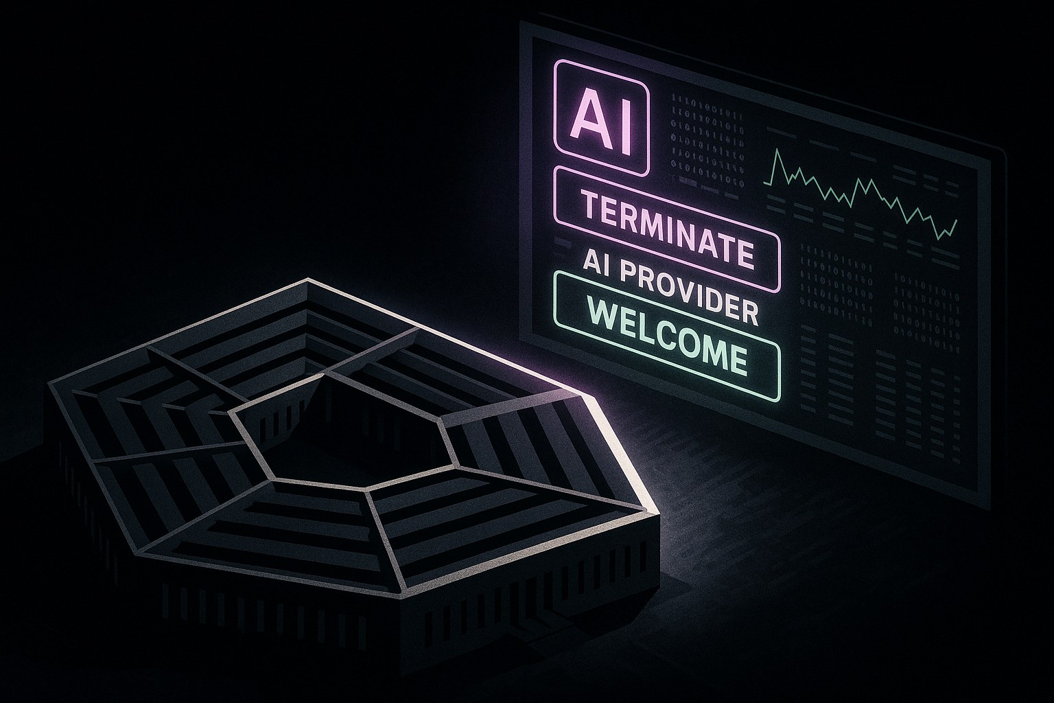 Ilustracja przedstawiająca Pentagon w futurystycznym otoczeniu z elementami AI.