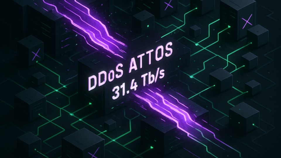 Ilustracja przedstawiająca atak DDoS z wizualizacją przepływu danych 31,4 Tb/s.
