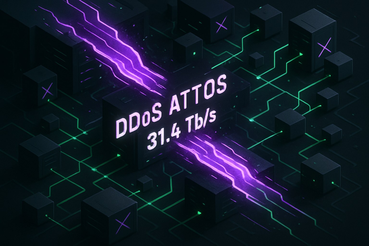 Ilustracja przedstawiająca atak DDoS z wizualizacją przepływu danych 31,4 Tb/s.