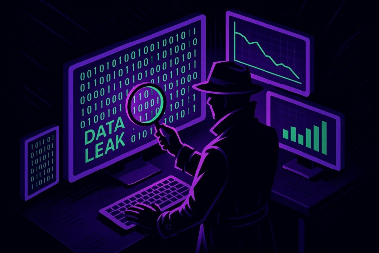 Ilustracja przedstawiająca detektywa analizującego dane w kontekście wycieku informacji.