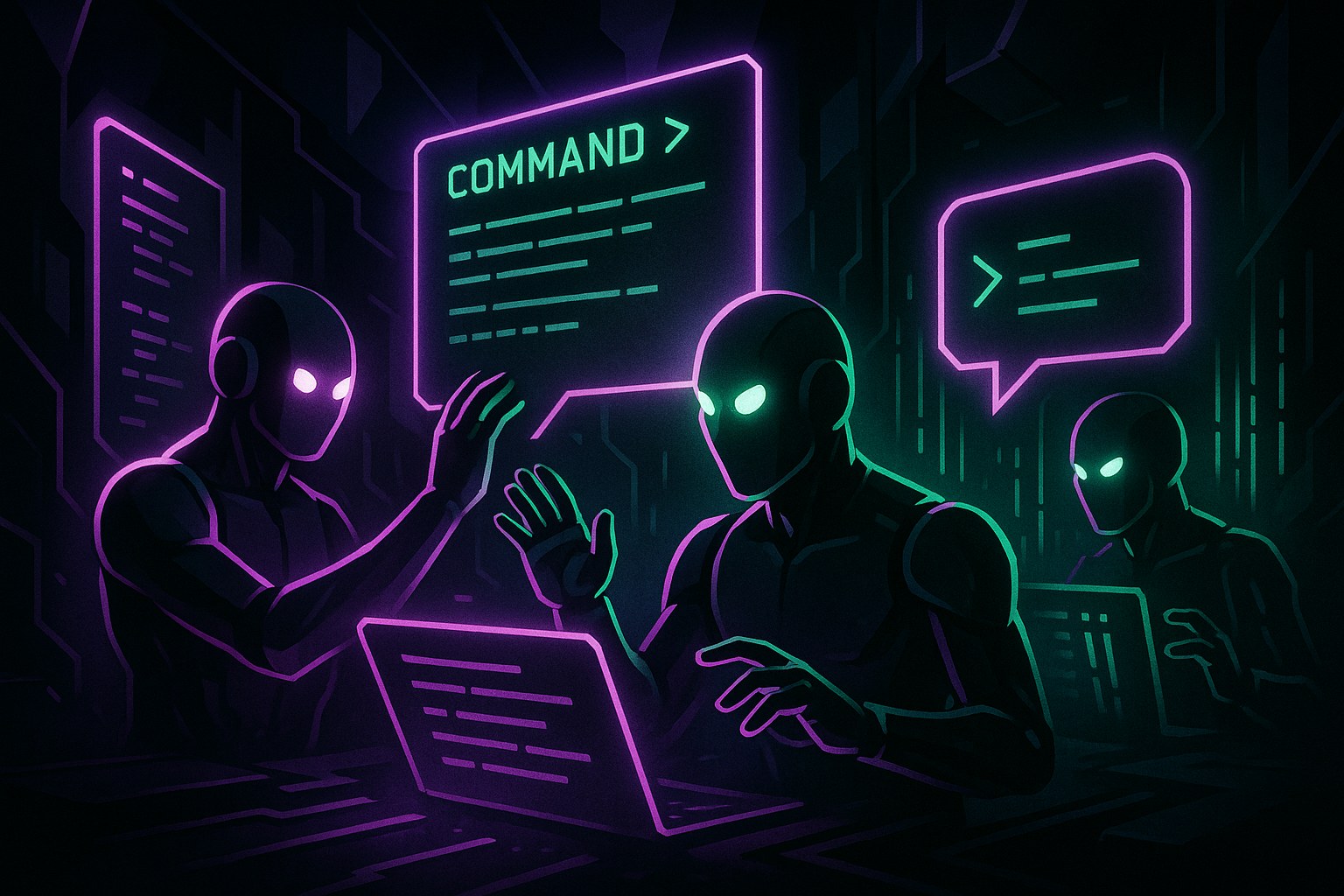 Ilustracja przedstawiająca agentów AI w interakcji z cyfrowymi interfejsami w futurystycznym otoczeniu.