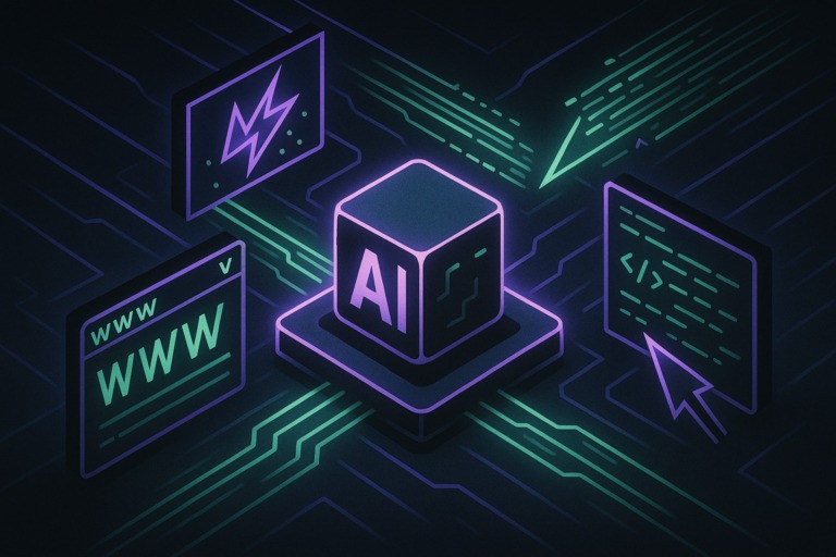 Ilustracja przedstawiająca interakcję AI z internetem w stylu 2.5D.