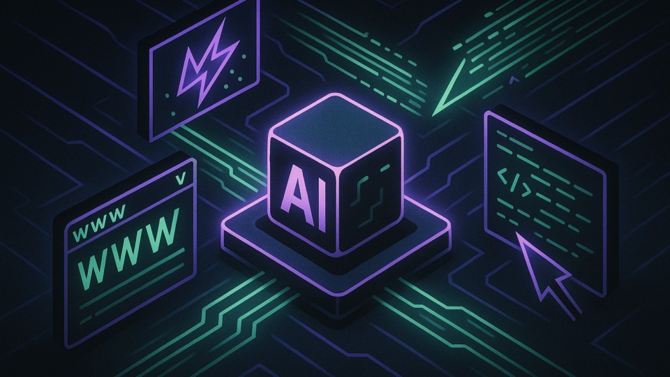 Ilustracja przedstawiająca interakcję AI z internetem w stylu 2.5D.