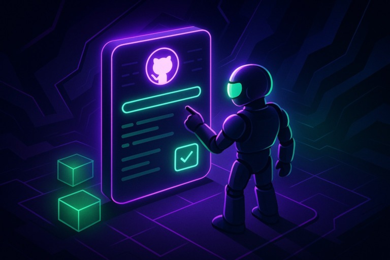 Ilustracja przedstawiająca agenta automatyzacji w futurystycznym środowisku GitHub.