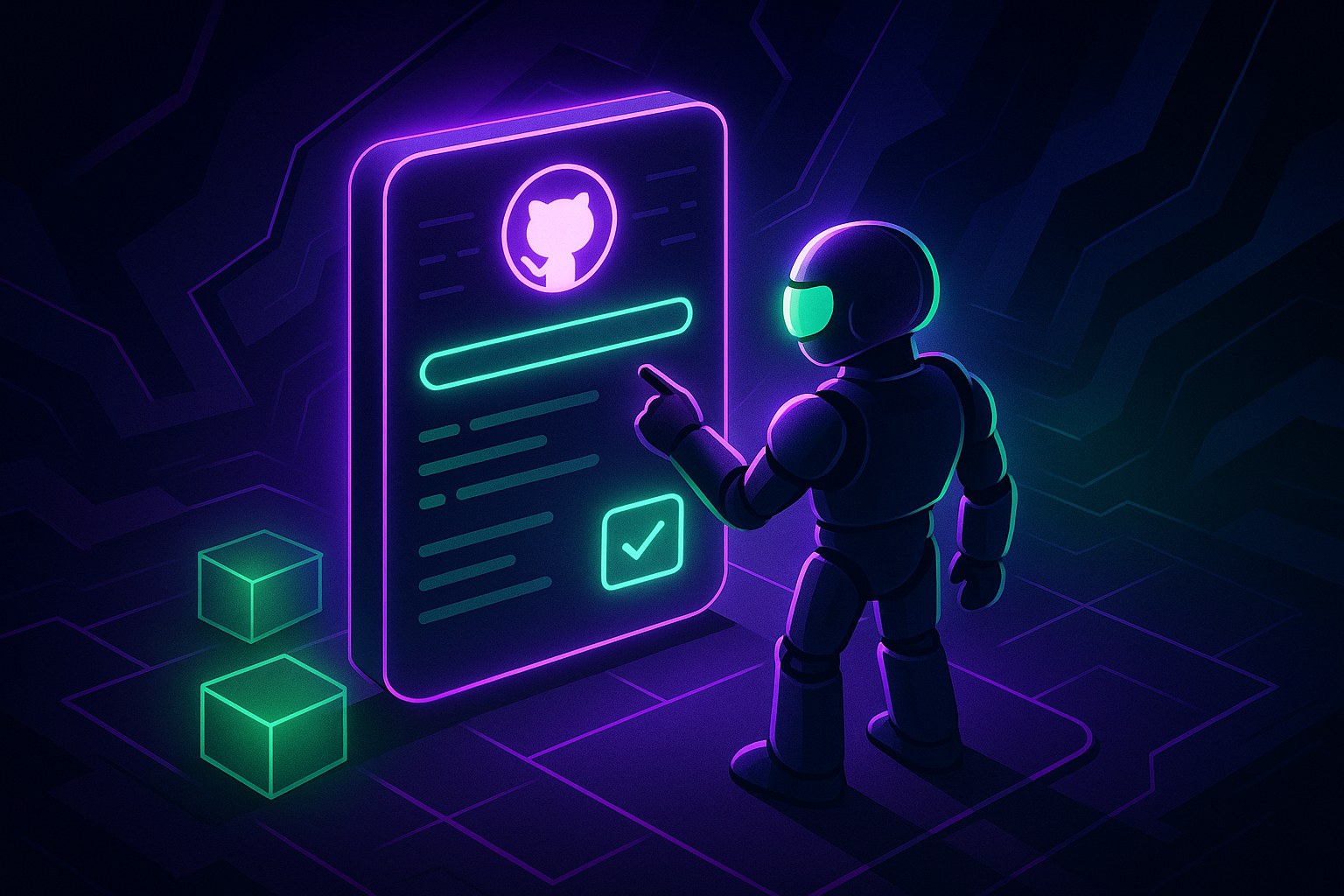 Ilustracja przedstawiająca agenta automatyzacji w futurystycznym środowisku GitHub.