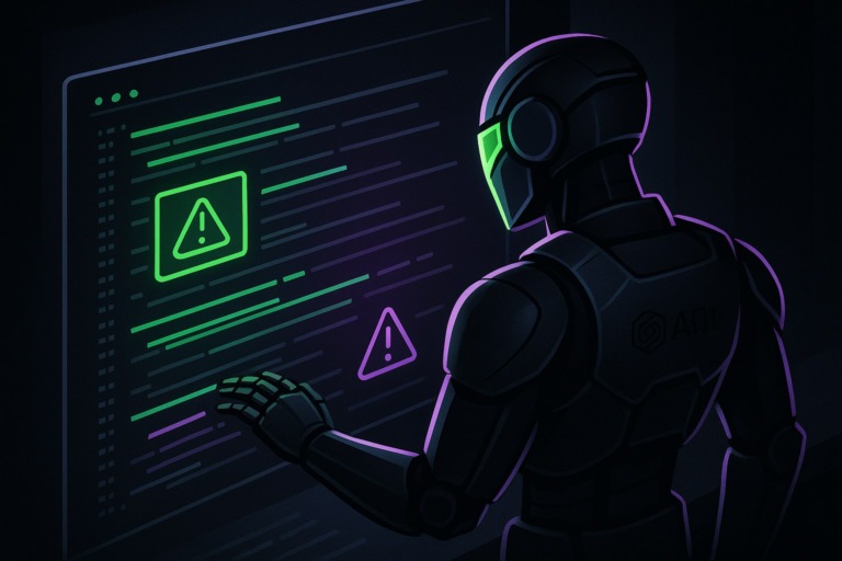 Futurystyczny agent bezpieczeństwa analizujący kod w ciemnym otoczeniu z neonowymi akcentami.