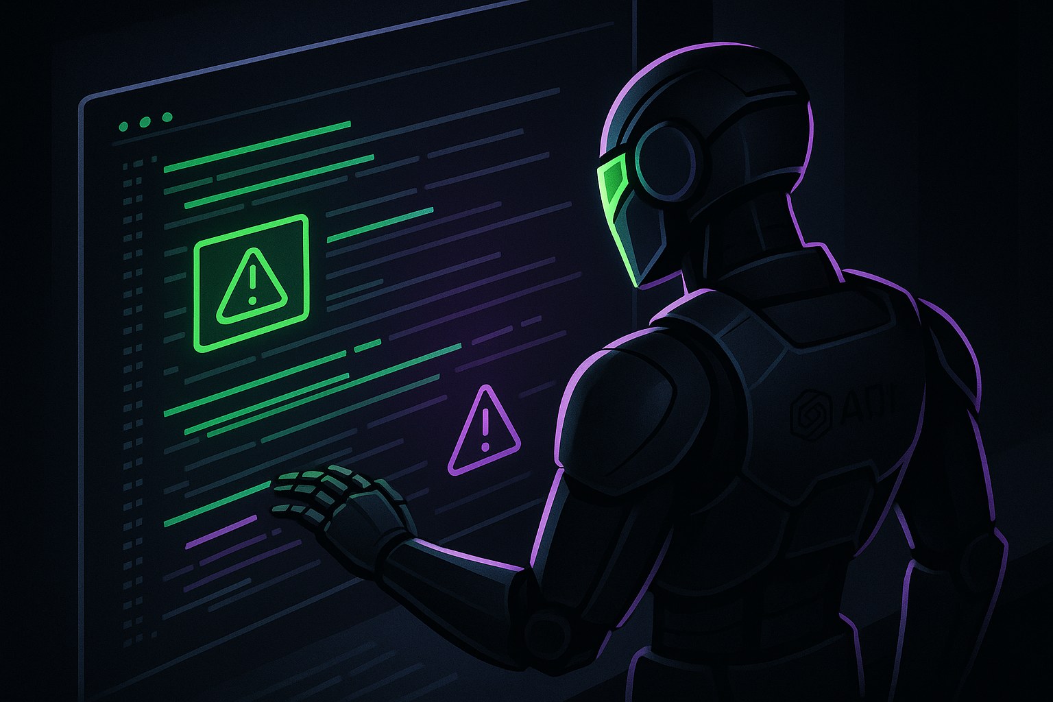 Futurystyczny agent bezpieczeństwa analizujący kod w ciemnym otoczeniu z neonowymi akcentami.
