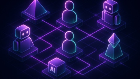 Ilustracja przedstawiająca współpracujące agenty AI w nowoczesnym środowisku.