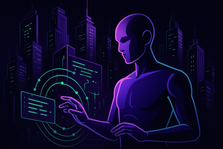 Futurystyczna ilustracja przedstawiająca miasto z neonowymi akcentami.