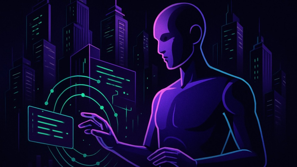 Futurystyczna ilustracja przedstawiająca miasto z neonowymi akcentami.