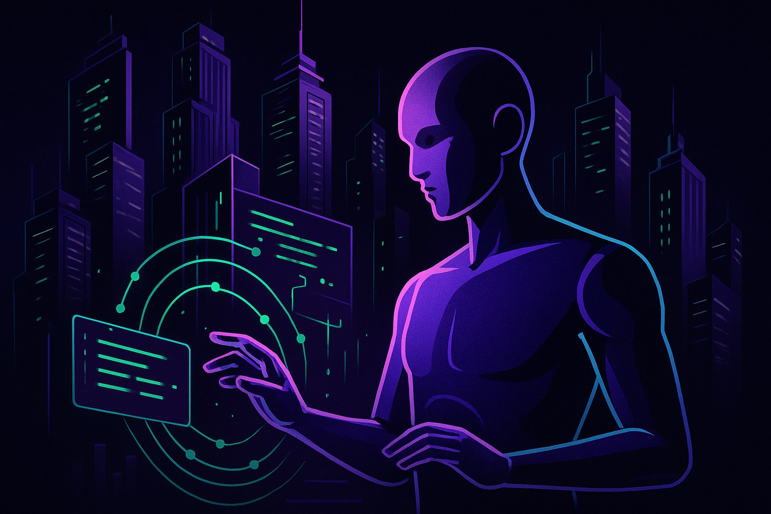 Futurystyczna ilustracja przedstawiająca miasto z neonowymi akcentami.