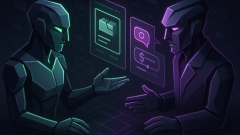 Ilustracja przedstawiająca boty negocjujące w futurystycznym rynku online.