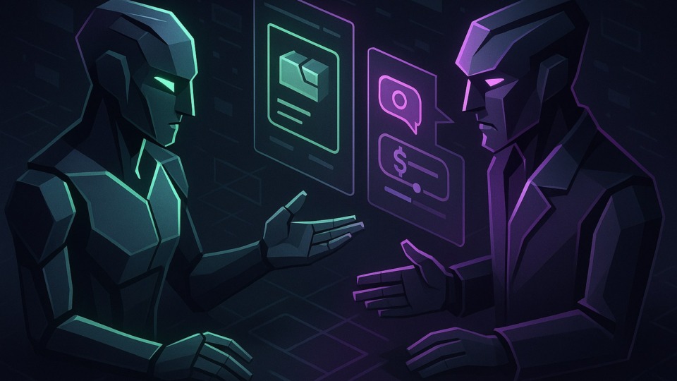 Ilustracja przedstawiająca boty negocjujące w futurystycznym rynku online.