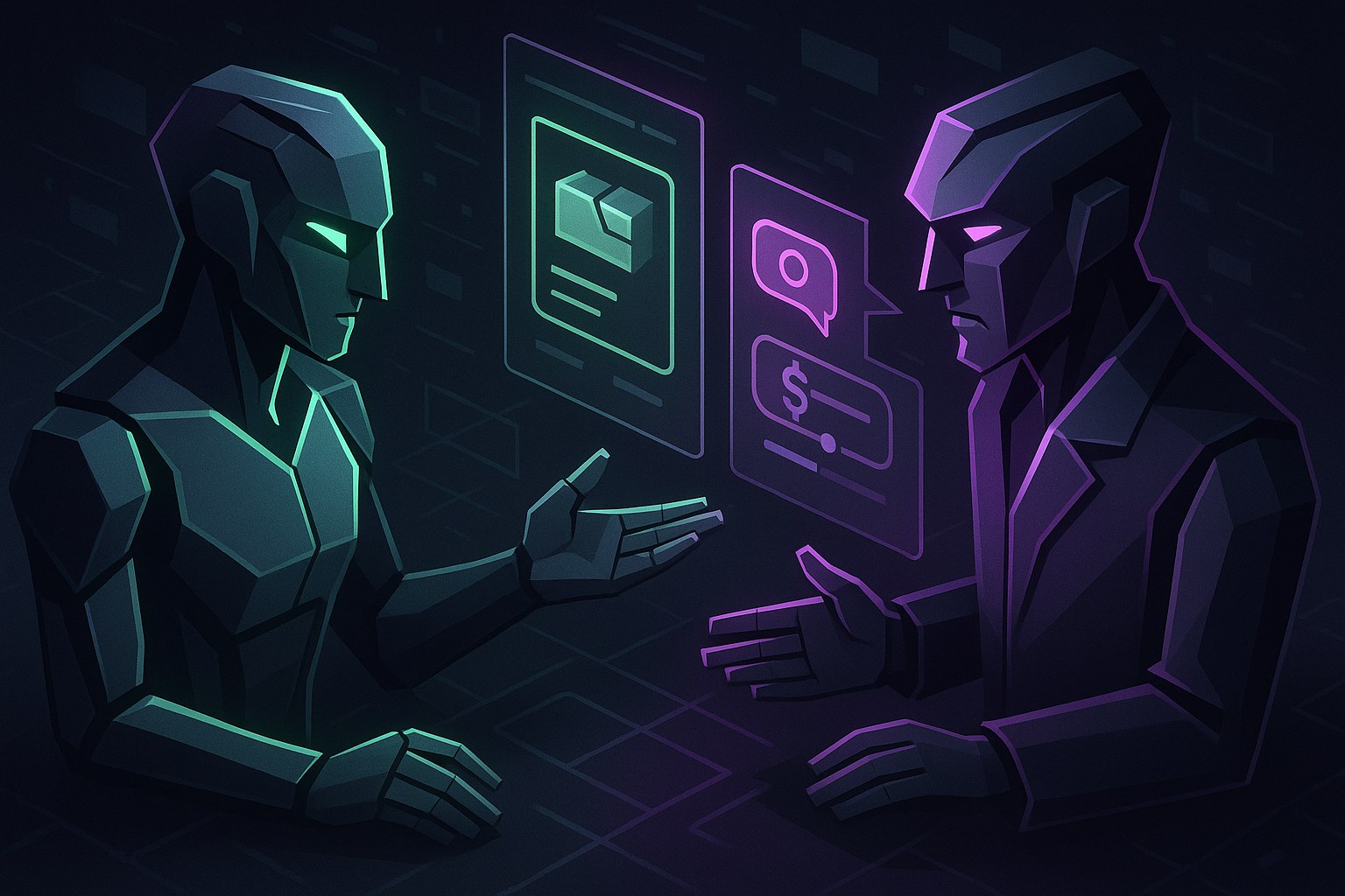 Ilustracja przedstawiająca boty negocjujące w futurystycznym rynku online.