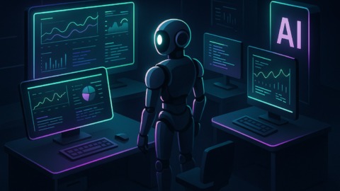 Futurystyczna scena biurowa z zaawansowanym systemem AI w stylu 2.5D.