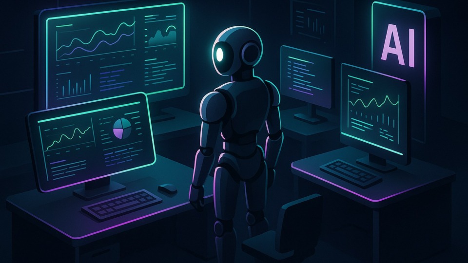 Futurystyczna scena biurowa z zaawansowanym systemem AI w stylu 2.5D.