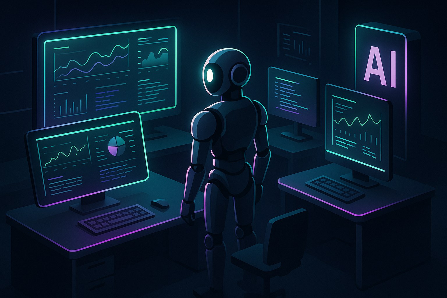 Futurystyczna scena biurowa z zaawansowanym systemem AI w stylu 2.5D.