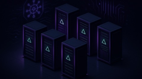 Futurystyczne centrum danych z serwerami Graviton w neonowych kolorach.