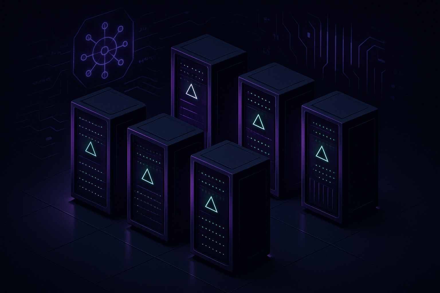 Futurystyczne centrum danych z serwerami Graviton w neonowych kolorach.