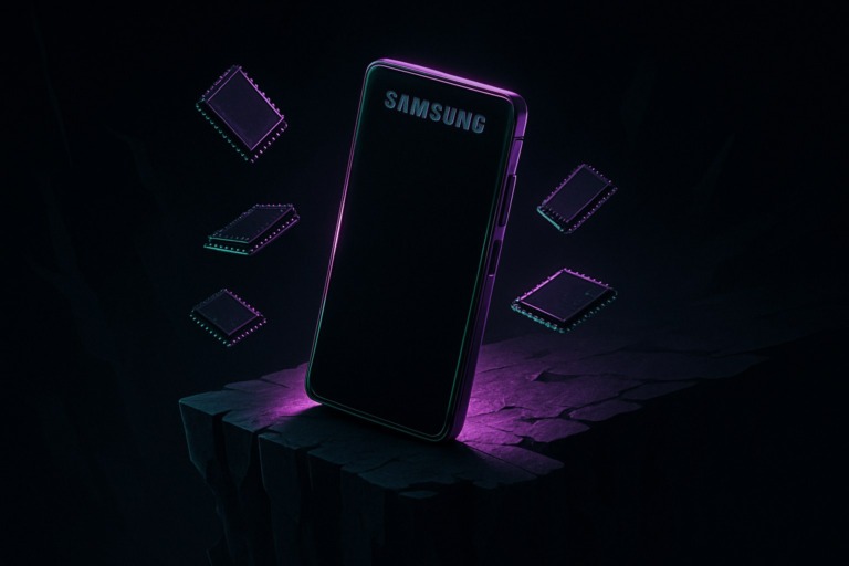 Smartfon na krawędzi klifu, otoczony chipami pamięci, w ciemnej, neonowej estetyce.