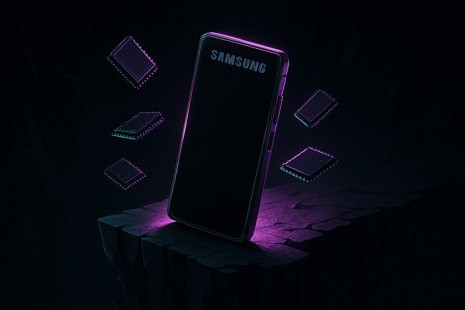 Smartfon na krawędzi klifu, otoczony chipami pamięci, w ciemnej, neonowej estetyce.
