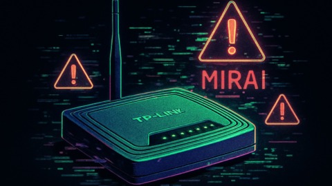 Stary router TP-Link w otoczeniu cyfrowych zagrożeń botnetu Mirai.