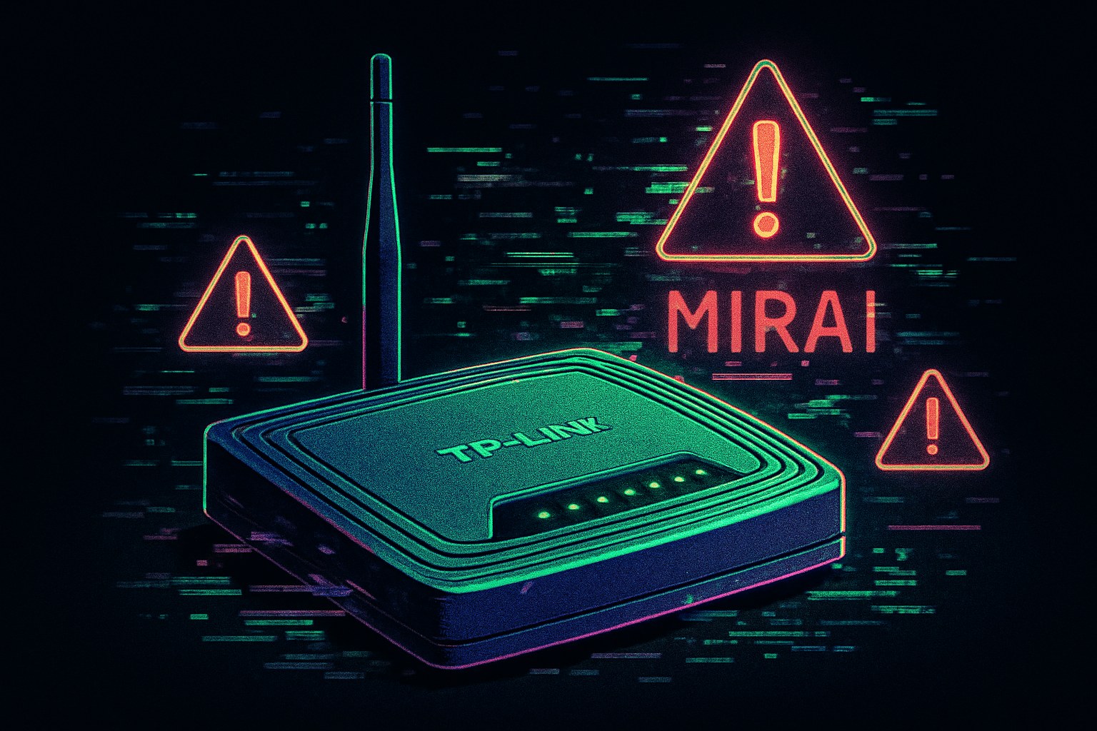 Stary router TP-Link w otoczeniu cyfrowych zagrożeń botnetu Mirai.