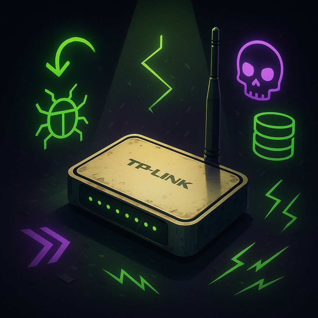 Ilustracja starego routera TP-Link w otoczeniu cyfrowych zagrożeń.